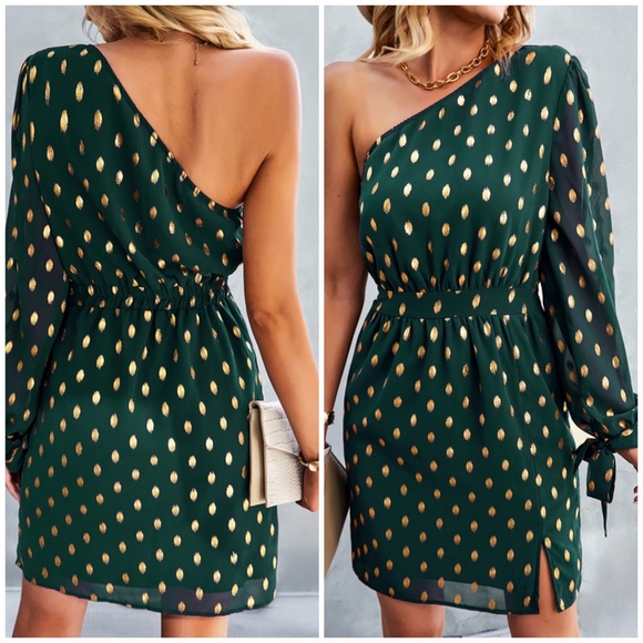 New! Green & Gold One Shoulder Polka Dot Dress - Picture 1 of 7